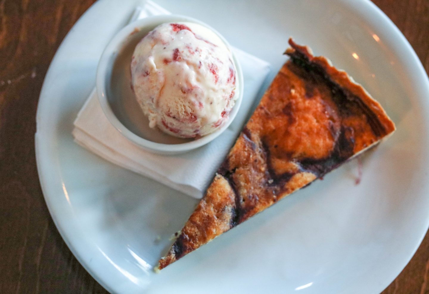 The best place to eat in Bristol: Bells Diner Cherry Frangipane Tart Strawberry Icecream - aerial view